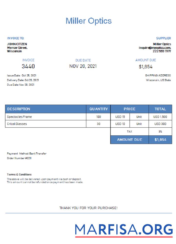 Downloadable USA Miller Optics invoice download for verification